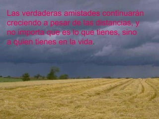 Las   verdaderas   amistades   continuarán creciendo   a   pesar   de   las   distancias,   y no   importa   que   es   lo   que   tienes,   sino a   quien   tienes   en   la   vida . 