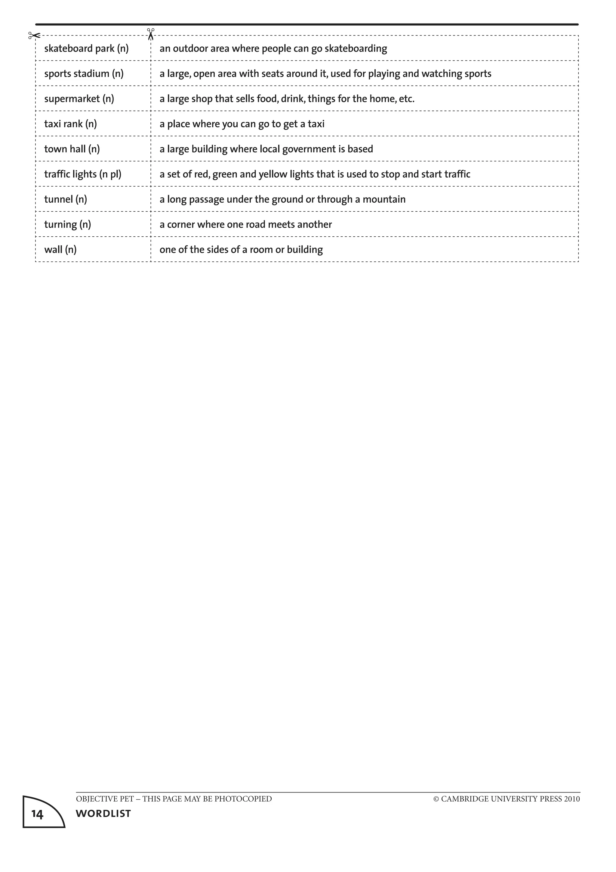 OBJECTIVE PET – THIS PAGE MAY BE PHOTOCOPIED	 © CAMBRIDGE UNIVERSITY PRESS 2010
14	 wordlist
skateboard park (n) an outdoor area where people can go skateboarding
sports stadium (n) a large, open area with seats around it, used for playing and watching sports
supermarket (n) a large shop that sells food, drink, things for the home, etc.
taxi rank (n) a place where you can go to get a taxi
town hall (n) a large building where local government is based
traffic lights (n pl) a set of red, green and yellow lights that is used to stop and start traffic
tunnel (n) a long passage under the ground or through a mountain
turning (n) a corner where one road meets another
wall (n) one of the sides of a room or building
✂
✂
 