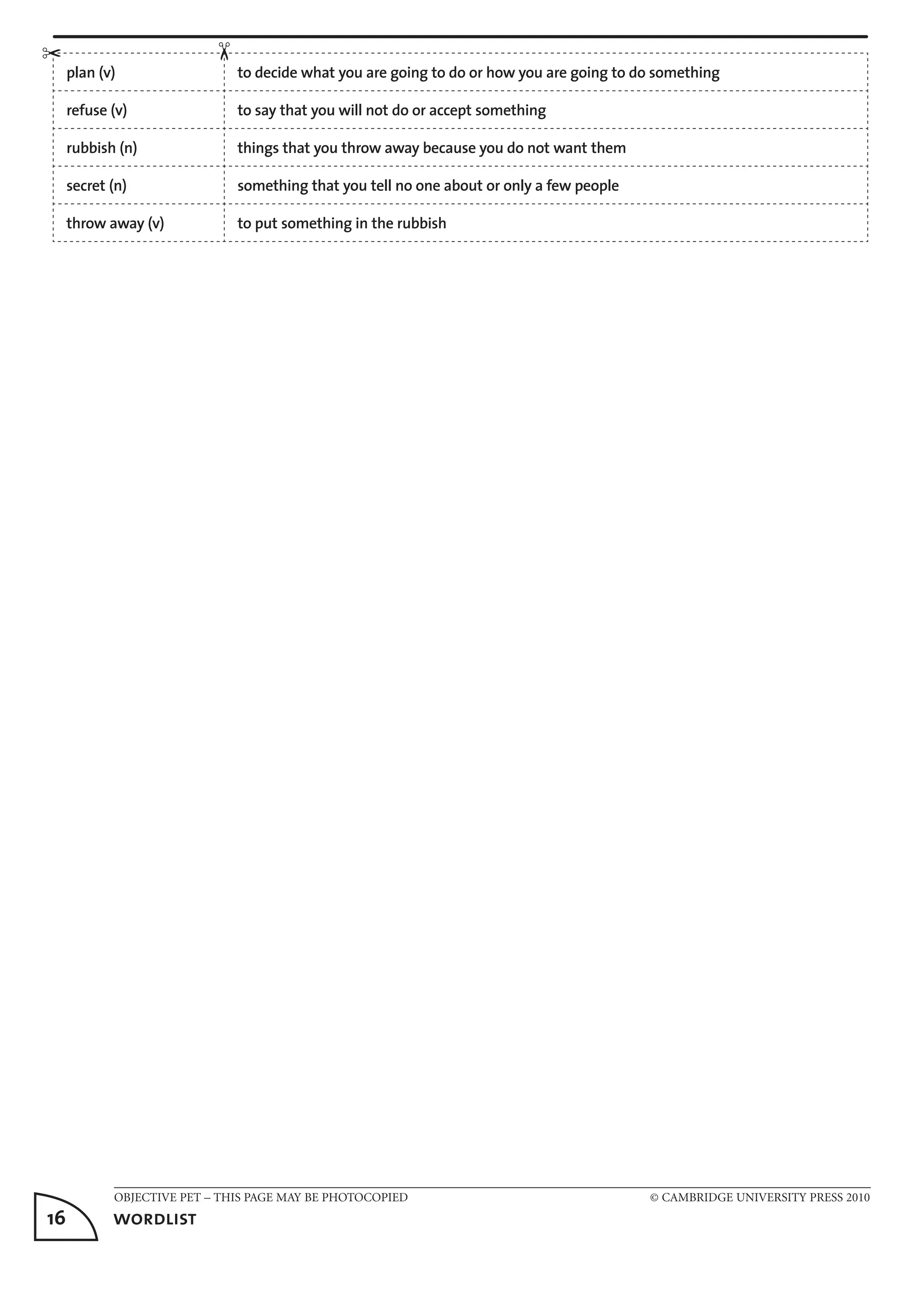 OBJECTIVE PET – THIS PAGE MAY BE PHOTOCOPIED	 © CAMBRIDGE UNIVERSITY PRESS 2010
16	 wordlist
plan (v) to decide what you are going to do or how you are going to do something
refuse (v) to say that you will not do or accept something
rubbish (n) things that you throw away because you do not want them
secret (n) something that you tell no one about or only a few people
throw away (v) to put something in the rubbish
✂
✂
 