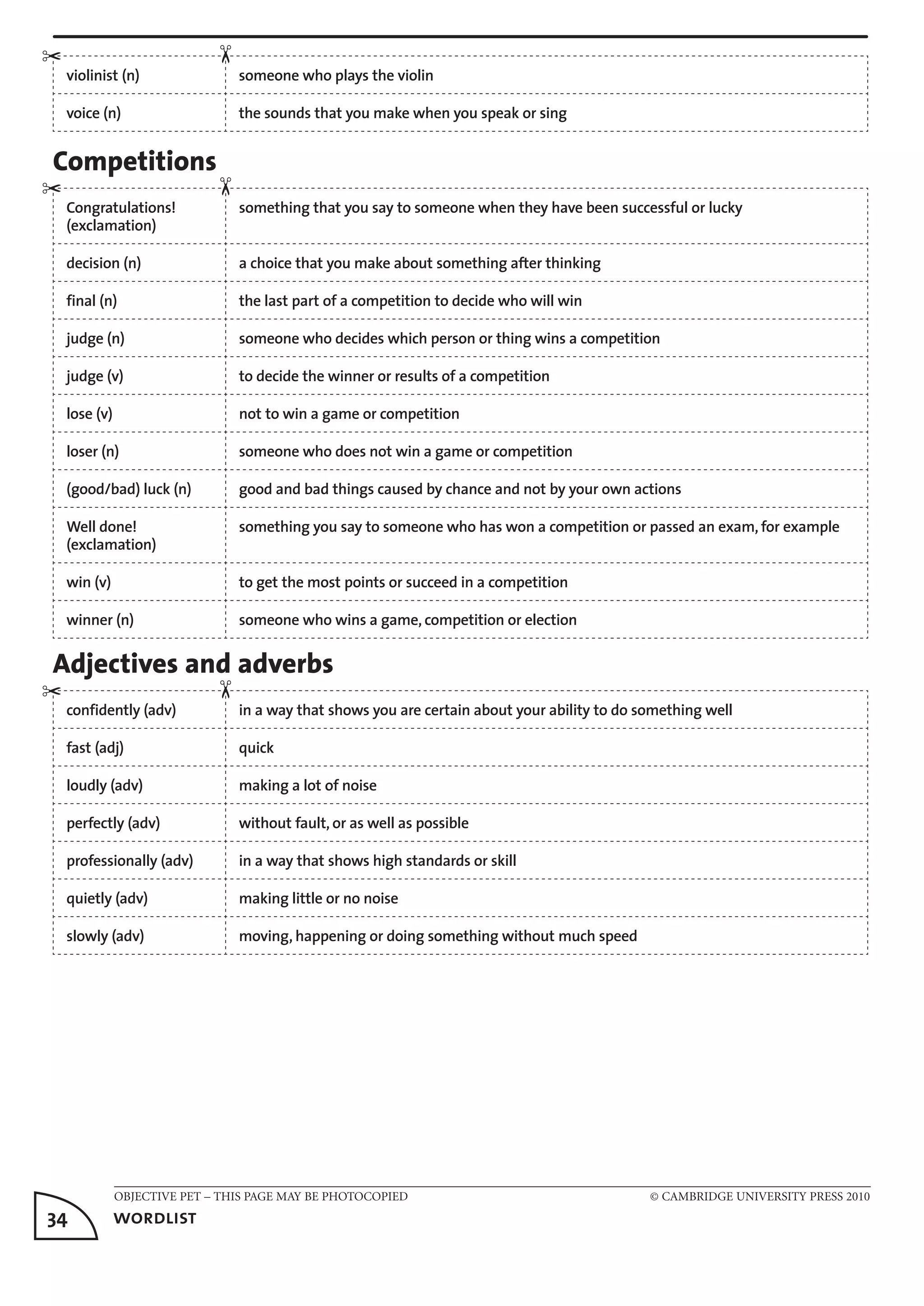 OBJECTIVE PET – THIS PAGE MAY BE PHOTOCOPIED	 © CAMBRIDGE UNIVERSITY PRESS 2010
34	 wordlist
violinist (n) someone who plays the violin
voice (n) the sounds that you make when you speak or sing
Competitions
Congratulations!
(exclamation)
something that you say to someone when they have been successful or lucky
decision (n) a choice that you make about something after thinking
final (n) the last part of a competition to decide who will win
judge (n) someone who decides which person or thing wins a competition
judge (v) to decide the winner or results of a competition
lose (v) not to win a game or competition
loser (n) someone who does not win a game or competition
(good/bad) luck (n) good and bad things caused by chance and not by your own actions
Well done!
(exclamation)
something you say to someone who has won a competition or passed an exam, for example
win (v) to get the most points or succeed in a competition
winner (n) someone who wins a game, competition or election
Adjectives and adverbs
confidently (adv) in a way that shows you are certain about your ability to do something well
fast (adj) quick
loudly (adv) making a lot of noise
perfectly (adv) without fault, or as well as possible
professionally (adv) in a way that shows high standards or skill
quietly (adv) making little or no noise
slowly (adv) moving, happening or doing something without much speed
✂
✂
✂
✂✂✂
 