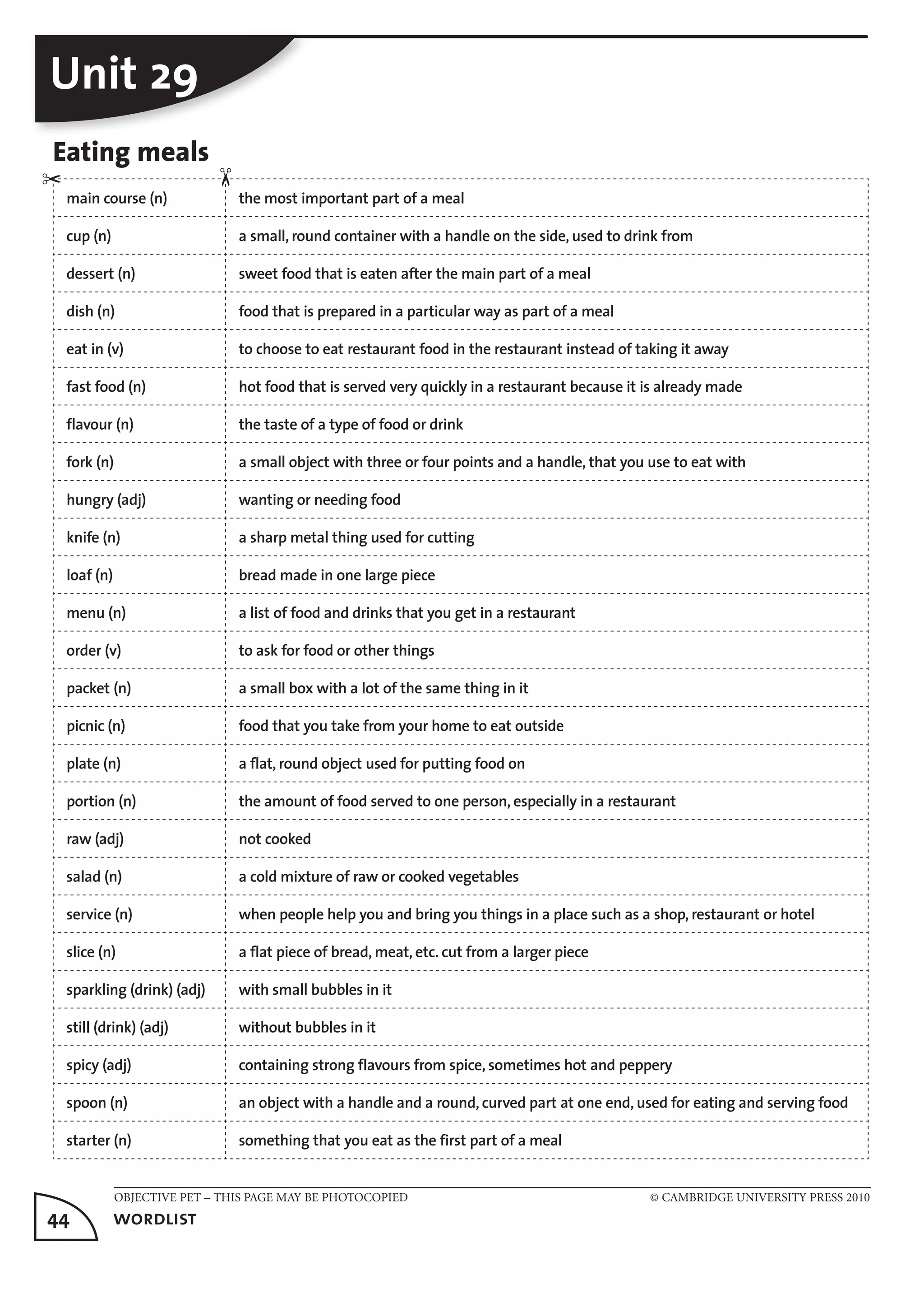 OBJECTIVE PET – THIS PAGE MAY BE PHOTOCOPIED © CAMBRIDGE UNIVERSITY PRESS 2010
44	 wordlist
Unit 29
Eating meals
main course (n) the most important part of a meal
cup (n) a small, round container with a handle on the side, used to drink from
dessert (n) sweet food that is eaten after the main part of a meal
dish (n) food that is prepared in a particular way as part of a meal
eat in (v) to choose to eat restaurant food in the restaurant instead of taking it away
fast food (n) hot food that is served very quickly in a restaurant because it is already made
flavour (n) the taste of a type of food or drink
fork (n) a small object with three or four points and a handle, that you use to eat with
hungry (adj) wanting or needing food
knife (n) a sharp metal thing used for cutting
loaf (n) bread made in one large piece
menu (n) a list of food and drinks that you get in a restaurant
order (v) to ask for food or other things
packet (n) a small box with a lot of the same thing in it
picnic (n) food that you take from your home to eat outside
plate (n) a flat, round object used for putting food on
portion (n) the amount of food served to one person, especially in a restaurant
raw (adj) not cooked
salad (n) a cold mixture of raw or cooked vegetables
service (n) when people help you and bring you things in a place such as a shop, restaurant or hotel
slice (n) a flat piece of bread, meat, etc. cut from a larger piece
sparkling (drink) (adj) with small bubbles in it
still (drink) (adj) without bubbles in it
spicy (adj) containing strong flavours from spice, sometimes hot and peppery
spoon (n) an object with a handle and a round, curved part at one end, used for eating and serving food
starter (n) something that you eat as the first part of a meal
✂
✂
 