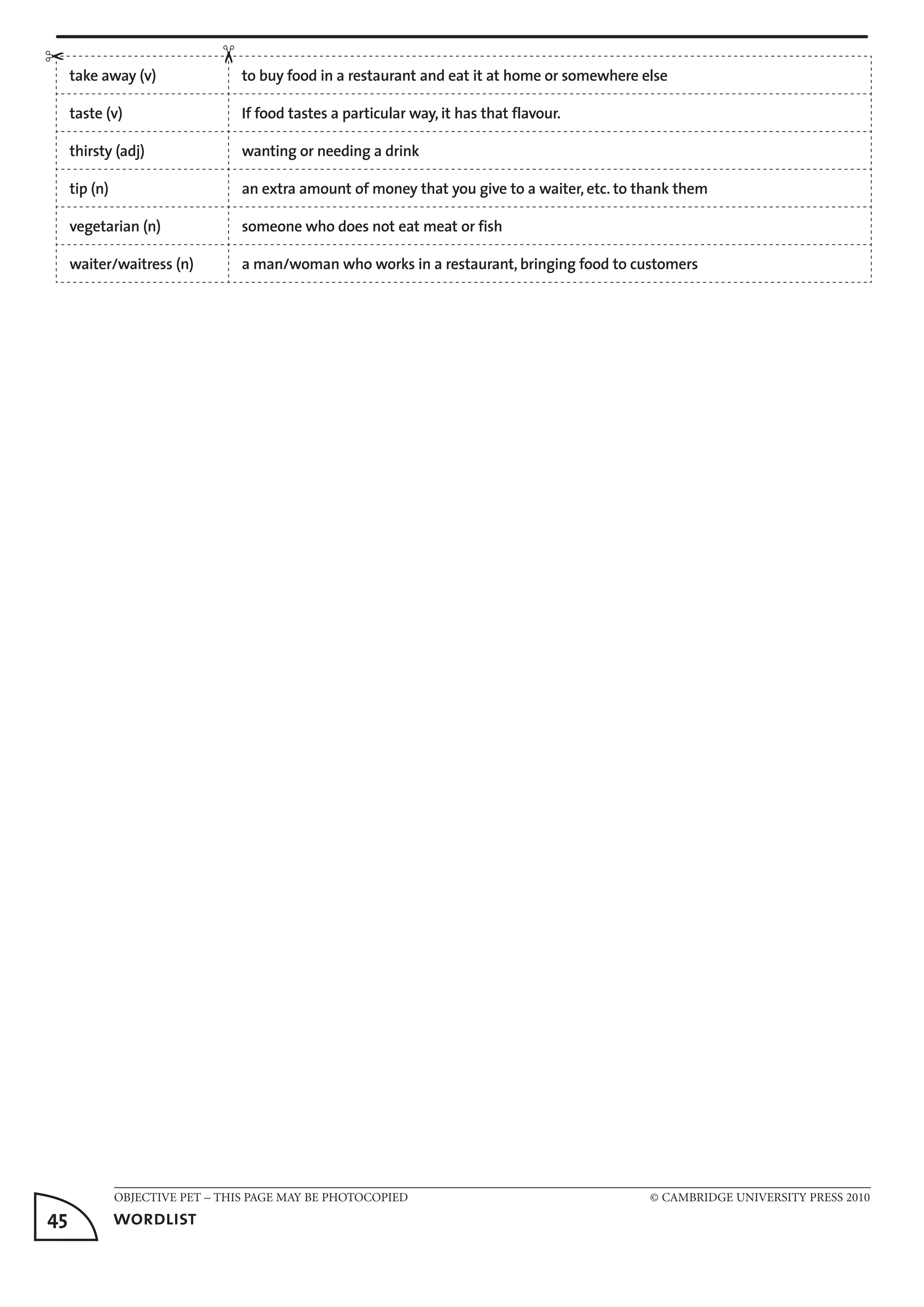 OBJECTIVE PET – THIS PAGE MAY BE PHOTOCOPIED	 © CAMBRIDGE UNIVERSITY PRESS 2010
45	 wordlist
take away (v) to buy food in a restaurant and eat it at home or somewhere else
taste (v) If food tastes a particular way, it has that flavour.
thirsty (adj) wanting or needing a drink
tip (n) an extra amount of money that you give to a waiter, etc. to thank them
vegetarian (n) someone who does not eat meat or fish
waiter/waitress (n) a man/woman who works in a restaurant, bringing food to customers
✂
✂
 