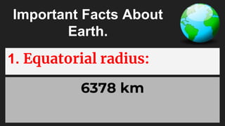 Important Facts About
Earth.
1. Equatorial radius:
6378 km
 