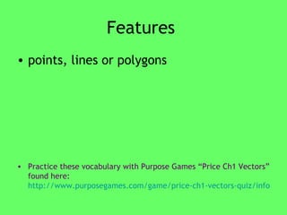 Features  points, lines or polygons  Practice these vocabulary with Purpose Games “Price Ch1 Vectors” found here:   http://www.purposegames.com/game/price-ch1-vectors-quiz/info   
