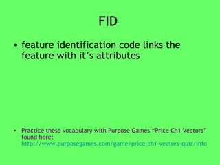 FID  feature identification code links the feature with it’s attributes  Practice these vocabulary with Purpose Games “Price Ch1 Vectors” found here:   http://www.purposegames.com/game/price-ch1-vectors-quiz/info   