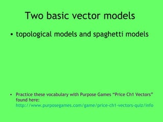 Two basic vector models  topological models and spaghetti models Practice these vocabulary with Purpose Games “Price Ch1 Vectors” found here:   http://www.purposegames.com/game/price-ch1-vectors-quiz/info   