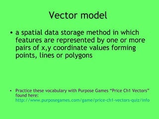 Vector model  a spatial data storage method in which features are represented by one or more pairs of x,y coordinate values forming points, lines or polygons  Practice these vocabulary with Purpose Games “Price Ch1 Vectors” found here:   http://www.purposegames.com/game/price-ch1-vectors-quiz/info   