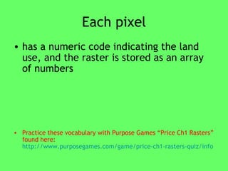 Each pixel has a numeric code indicating the land use, and the raster is stored as an array of numbers Practice these vocabulary with Purpose Games “Price Ch1 Rasters” found here:  http://www.purposegames.com/game/price-ch1-rasters-quiz/info   