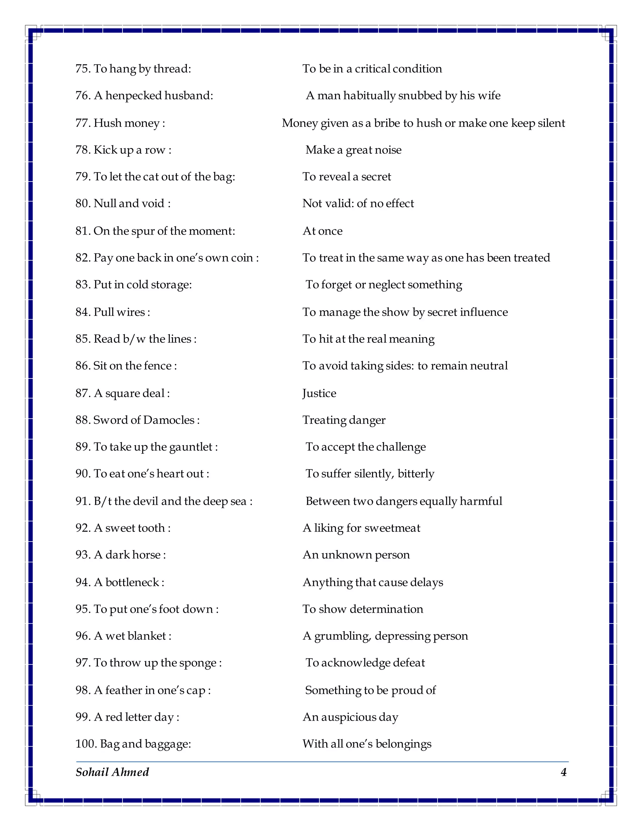 Sohail Ahmed 4
75. To hang by thread: To be in a critical condition
76. A henpecked husband: A man habitually snubbed by his wife
77. Hush money : Money given as a bribe to hush or make one keep silent
78. Kick up a row : Make a great noise
79. To let the cat out of the bag: To reveal a secret
80. Null and void : Not valid: of no effect
81. On the spur of the moment: At once
82. Pay one back in one’s own coin : To treat in the same way as one has been treated
83. Put in cold storage: To forget or neglect something
84. Pull wires : To manage the show by secret influence
85. Read b/w the lines : To hit at the real meaning
86. Sit on the fence : To avoid taking sides: to remain neutral
87. A square deal : Justice
88. Sword of Damocles : Treating danger
89. To take up the gauntlet : To accept the challenge
90. To eat one’s heart out : To suffer silently, bitterly
91. B/t the devil and the deep sea : Between two dangers equally harmful
92. A sweet tooth : A liking for sweetmeat
93. A dark horse : An unknown person
94. A bottleneck : Anything that cause delays
95. To put one’s foot down : To show determination
96. A wet blanket : A grumbling, depressing person
97. To throw up the sponge : To acknowledge defeat
98. A feather in one’s cap : Something to be proud of
99. A red letter day : An auspicious day
100. Bag and baggage: With all one’s belongings
 