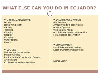 WHAT ELSE CAN YOU DO IN ECUADOR?
 SPORTS & ADVENTURE
Diving
Delta Wing Flight
Cycling
Trekking
Climbing
Rappel
Camping
Water Sports
More…
 CULTURE
Visit native communities
Indian markets
Pre Incan, Pre Colonial and Colonial
Architecture
Conferences and conventions
 WILDLIFE OBSERVATION
Birdwatching
Amazon wildlife observation
Aquatic Species
Visit Natural Areas
Amphibians, Insects observation
Flora species observation
 CONSERVATION
Local development projects
Local environmental projects
MUCH MORE....
 