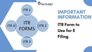 IMPORTANT
INFORMATION
ITR Form to
Use for E
Filing
 