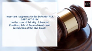 Important Judgments Under SARFAESI ACT,
DRBT ACT & IBC
on the Issue of Priority of Secured
Creditors, Sale of Secured Assets and
Jurisdiction of the Civil Courts
2
 
