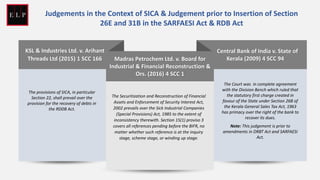 Central Bank of India v. State of
Kerala (2009) 4 SCC 94
The Court was in complete agreement
with the Division Bench which ruled that
the statutory first charge created in
favour of the State under Section 26B of
the Kerala General Sales Tax Act, 1963
has primacy over the right of the bank to
recover its dues.
Note: This judgement is prior to
amendments in DRBT Act and SARFAESI
Act.
Madras Petrochem Ltd. v. Board for
Industrial & Financial Reconstruction &
Ors. (2016) 4 SCC 1
The Securitization and Reconstruction of Financial
Assets and Enforcement of Security Interest Act,
2002 prevails over the Sick Industrial Companies
(Special Provisions) Act, 1985 to the extent of
inconsistency therewith. Section 15(1) proviso 3
covers all references pending before the BIFR, no
matter whether such reference is at the inquiry
stage, scheme stage, or winding up stage.
KSL & Industries Ltd. v. Arihant
Threads Ltd (2015) 1 SCC 166
The provisions of SICA, in particular
Section 22, shall prevail over the
provision for the recovery of debts in
the RDDB Act.
Judgements in the Context of SICA & Judgement prior to Insertion of Section
26E and 31B in the SARFAESI Act & RDB Act
 