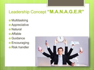Leadership Concept “M.A.N.A.G.E.R”
 Multitasking
 Appreciative
 Natural
 Affable
 Guidance
 Encouraging
 Risk handl...