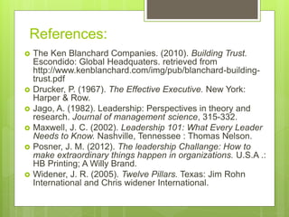 References:
 The Ken Blanchard Companies. (2010). Building Trust.
Escondido: Global Headquaters. retrieved from
http://ww...