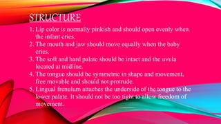 STRUCTURE
1. Lip color is normally pinkish and should open evenly when
the infant cries.
2. The mouth and jaw should move equally when the baby
cries.
3. The soft and hard palate should be intact and the uvula
located at midline.
4. The tongue should be symmetric in shape and movement,
free movable and should not protrude.
5. Lingual frenulum attaches the underside of the tongue to the
lower palate. It should not be too tight to allow freedom of
movement.
 