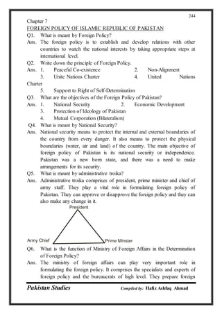 Pakistan Studies Compiled by: Hafiz Ashfaq Ahmad
244
Chapter 7
FOREIGN POLICY OF ISLAMIC REPUBLIC OF PAKISTAN
Q1. What is meant by Foreign Policy?
Ans. The foreign policy is to establish and develop relations with other
countries to watch the national interests by taking appropriate steps at
international level.
Q2. Write down the principle of Foreign Policy.
Ans. 1. Peaceful Co-existence 2. Non-Alignment
3. Unite Nations Charter 4. United Nations
Charter
5. Support to Right of Self-Determination
Q3. What are the objectives of the Foreign Policy of Pakistan?
Ans. 1. National Security 2. Economic Development
3. Protection of Ideology of Pakistan
4. Mutual Corporation (Bilateralism)
Q4. What is meant by National Security?
Ans. National security means to protect the internal and external boundaries of
the country from every danger. It also means to protect the physical
boundaries (water, air and land) of the country. The main objective of
foreign policy of Pakistan is its national security or independence.
Pakistan was a new born state, and there was a need to make
arrangements for its security.
Q5. What is meant by administrative troika?
Ans. Administrative troika comprises of president, prime minister and chief of
army staff. They play a vital role in formulating foreign policy of
Pakistan. They can approve or disapprove the foreign policy and they can
also make any change in it.
Q6. What is the function of Ministry of Foreign Affairs in the Determination
of Foreign Policy?
Ans. The ministry of foreign affairs can play very important role in
formulating the foreign policy. It comprises the specialists and experts of
foreign policy and the bureaucrats of high level. They prepare foreign
President
Prime MinsterArmy Chief
 
