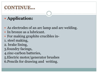  Application: 
 As electrodes of an arc lamp and arc welding. 
 In bronze as a lubricant. 
 For making graphite crucibles in- 
1. steel making, 
2. brake lining, 
3.foundry facings, 
4.zinc-carbon batteries, 
5.Electric motor/generator brushes 
6.Pencils for drawing and writing. 
 