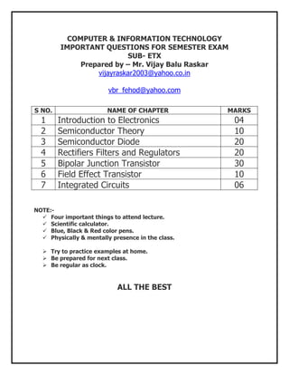 COMPUTER & INFORMATION TECHNOLOGY
         IMPORTANT QUESTIONS FOR SEMESTER EXAM
                           SUB- ETX
              Prepared by – Mr. Vijay Balu Raskar
                  vijayraskar2003@yahoo.co.in

                         vbr_fehod@yahoo.com

S NO.                    NAME OF CHAPTER           MARKS
  1     Introduction to Electronics                 04
  2     Semiconductor Theory                        10
  3     Semiconductor Diode                         20
  4     Rectifiers Filters and Regulators           20
  5     Bipolar Junction Transistor                 30
  6     Field Effect Transistor                     10
  7     Integrated Circuits                         06

NOTE:-
   Four important things to attend lecture.
   Scientific calculator.
   Blue, Black & Red color pens.
   Physically & mentally presence in the class.

   Try to practice examples at home.
   Be prepared for next class.
   Be regular as clock.


                            ALL THE BEST
 