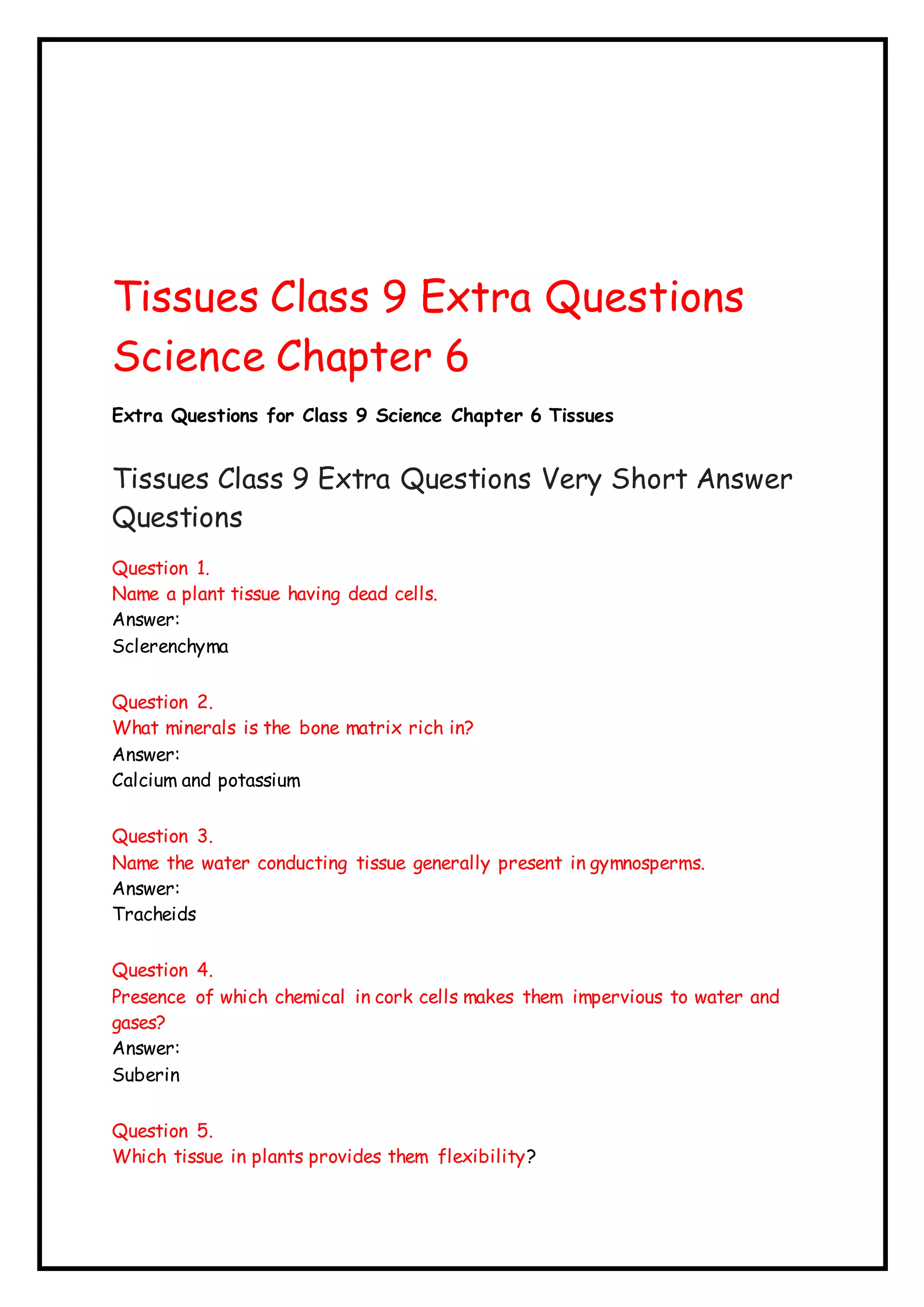 Important Question with Answer of Tissues class 9 PDF