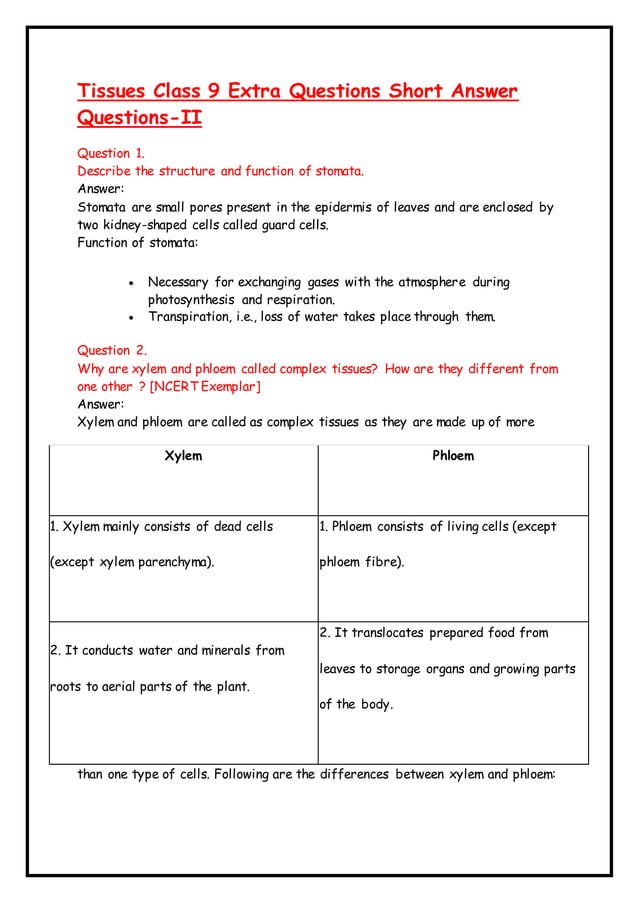 case study questions tissues class 9