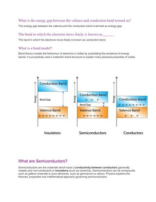 What is the energy gap between the valence and conduction band termed as?
The energy gap between the valence and the conduction band is termed as energy gap.
The band in which the electrons move freely is known as .
The band in which the electrons move freely is known as conduction band.
What is a band model?
Band theory models the behaviour of electrons in solids by postulating the existence of energy
bands. It successfully uses a material’s band structure to explain many physical properties of solids.
What are Semiconductors?
Semiconductors are the materials which have a conductivity between conductors (generally
metals) and non-conductors or insulators (such as ceramics). Semiconductors can be compounds
such as gallium arsenide or pure elements, such as germanium or silicon. Physics explains the
theories, properties and mathematical approach governing semiconductors.
 