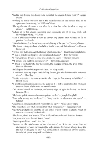 Civilization's Quotations

“Reality can destroy the dream; why shouldn’t the dream destroy reality?” George
      Moore
“Nothing so much convinces me of the boundlessness of the human mind as its
      operations in dreaming.” — William Clulow
“The significance of a man is not what he attains, but rather in what he longs to
      attain.” — Kahlil Gibran
“Where all is but dream, reasoning and arguments are of no use, truth and
      knowledge nothing.” — Locke
“I am a practical dreamer. I want to convert my dreams into realities, as far as
      possible.” — Gandhi
“I like the dreams of the future better then the history of the past.” — Thomas Jefferson
“The future belongs to those who believe in the beauty of their dreams.” — Eleanor
      Roosevelt
“For I see now that I am asleep that I dream when I am awake.” — Pedro Calderon de la Barca
“A man is not old until regrets take the place of dreams.” — John Barrymore
“If you want your dreams to come true, don’t over sleep.” — Hebrew proverb
“All dreams spin out from the same web.” — Hopi Indian proverb
“A dream is the bearer of a new possibility, the enlarged horizon, the great hope.” —
      Howard Thurman
“Saddle your dreams before you ride them.” — Mary Webb
“It has never been my object to record my dreams, just the determination to realize
      them.” — Man Ray
“Castles in the air — they are so easy to take refuge in. And so easy to build too.” —
      Henrik Ibsen
“If a little dreaming is dangerous, the cure for it is not to dream less but to dream
      more, to dream all the time.” — Marcel Proust
“Our dreams drench us in senses, and senses steps us again in dreams.” — Amos
      Bronson Alcott
“Myths are public dreams, dreams are private myths.” — Joseph Campbell
“Dare to be wrong, and to dream.” — “Keep true to the dreams of thy youth.” —
      Schiller
“Greatness is the dream of youth realized in old age.” — Alfred Victor Vigny
“The beautiful is less what one sees than what one dreams.” — Belgium proverb
“Few have greater riches than the joy that comes to us in visions, in dreams which no
      man can take away.” — Euripides
“The dream, alone, is of interest. What is life, without a dream?” Edmond Rostand
“Life, what is it but a dream?” Lewis Carroll
“Deserve your dream.” — Octavio Paz
“Dreams are the touchstones of our characters.” — “I do not know how to
      distinguish between our waking life and a dream. Are we not always living the
      life that we imagine we are?” “Go confidently in the direction of your dreams.
      Live the life you’ve imagined.” — Thoreau

                                         < 156 >
 