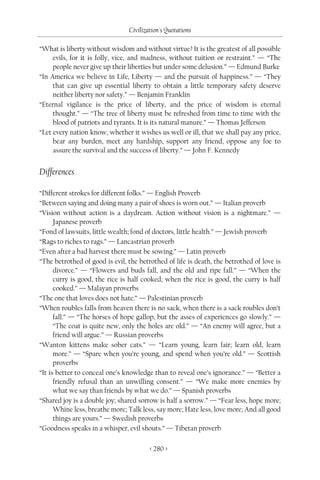 Civilization's Quotations

“What is liberty without wisdom and without virtue? It is the greatest of all possible
     evils, for it is folly, vice, and madness, without tuition or restraint.” — “The
     people never give up their liberties but under some delusion.” — Edmund Burke
“In America we believe in Life, Liberty — and the pursuit of happiness.” — “They
     that can give up essential liberty to obtain a little temporary safety deserve
     neither liberty nor safety.” — Benjamin Franklin
“Eternal vigilance is the price of liberty, and the price of wisdom is eternal
     thought.” — “The tree of liberty must be refreshed from time to time with the
     blood of patriots and tyrants. It is its natural manure.” — Thomas Jefferson
“Let every nation know, whether it wishes us well or ill, that we shall pay any price,
     bear any burden, meet any hardship, support any friend, oppose any foe to
     assure the survival and the success of liberty.” — John F. Kennedy


Differences

“Different strokes for different folks.” — English Proverb
“Between saying and doing many a pair of shoes is worn out.” — Italian proverb
“Vision without action is a daydream. Action without vision is a nightmare.” —
      Japanese proverb
“Fond of lawsuits, little wealth; fond of doctors, little health.” — Jewish proverb
“Rags to riches to rags.” — Lancastrian proverb
“Even after a bad harvest there must be sowing.” — Latin proverb
“The betrothed of good is evil, the betrothed of life is death, the betrothed of love is
      divorce.” — “Flowers and buds fall, and the old and ripe fall.” — “When the
      curry is good, the rice is half cooked; when the rice is good, the curry is half
      cooked.” — Malayan proverbs
“The one that loves does not hate.” — Palestinian proverb
“When roubles falls from heaven there is no sack, when there is a sack roubles don’t
      fall.” — “The horses of hope gallop, but the asses of experiences go slowly.” —
      “The coat is quite new, only the holes are old.” — “An enemy will agree, but a
      friend will argue.” — Russian proverbs
“Wanton kittens make sober cats.” — “Learn young, learn fair; learn old, learn
      more.” — “Spare when you’re young, and spend when you’re old.” — Scottish
      proverbs
“It is better to conceal one’s knowledge than to reveal one’s ignorance.” — “Better a
      friendly refusal than an unwilling consent.” — “We make more enemies by
      what we say than friends by what we do.” — Spanish proverbs
“Shared joy is a double joy; shared sorrow is half a sorrow.” — “Fear less, hope more;
      Whine less, breathe more; Talk less, say more; Hate less, love more; And all good
      things are yours.” — Swedish proverbs
“Goodness speaks in a whisper, evil shouts.” — Tibetan proverb

                                        < 280 >
 