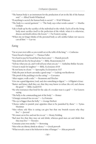 Civilization's Quotations

“The human body is an instrument for the production of art in the life of the human
     soul.” — Alfred North Whitehead
“If anything is sacred, the human body is sacred.” — Walt Whitman
“The body is a sacred garment.” — “The body says what words cannot.” — Martha
     Graham
“Life is built up by the sacrifice of the individual to the whole. Each cell in the living
     body must sacrifice itself to the perfection of the whole; when it is otherwise,
     disease and death enforce the lesson.” — Far Eastern saying
“When one no longer thinks of the personal body as self, neither failure nor success
     can ail him.” — Lao-tse


Eating

“Eat at your own table as you would eat at the table of the king.” — Confucius
“Eaten bread is forgotten.” — Thomas Fuller
“It is hard to pay for bread that has been eaten.” — Danish proverb
“Man doth not live by bread alone.” — Bible, Deuteronomy 6:5
“Tell me what you eat, and I will tell you what you are.” — Anthelme Brillat-Savarin
“A feast is made for laughter.” — Bible, Ecclesiastes 10:19
“Be not hasty in a feast.” — Apocrypha, Ecclesiasticus 31:17
“Only the pure in heart can make a good soup.” — Ludwig von Beethoven
“The proof of the pudding is in the eating.” — Cervantes
“After supper, walk a mile.” — Beaumont and Fletcher
“Give me a good digestion, Lord, and also something to digest.” — A Pilgrim’s Grace
“Butter and honey shall they eat, that they may know to refuse the evil, and choose
      the good.” — Bible, Isaiah 8:15
“He who renounces that food for the sake of a weaker man is a god.” — Far Eastern
      saying
“The belly is the commanding part of the body.” — Homer
“A hungry stomach has no ears.” — La Fontaine
“The eye is bigger than the belly.” — George Herbert
“Choose rather to punish your appetites than to be punished by them.” — Tyrius
      Maximus
“Men whose sole bliss is eating can give but that one brutish reason why they
      live.” — Juvenal
“We must eat to live and not live to eat.” — Henry Fielding
“Bad men live that they may eat and drink, whereas good men eat and drink that
      they may live.” — Socrates
“Consume your own smoke.” — Browning
“Men who are thirsty drink in silence.” — Greek proverb
“What reveals a man is his behavior in time of hunger.” — African proverb

                                         < 310 >
 