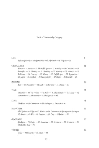 Table of Contents by Category




LIFE                                                                                   1
        Life as a Journey — 6. Self Discovery and Unfoldment — 8. Purpose — 11.

CHARACTER                                                                              12
     Honor — 14. Virtue — 15. The Noble Spirit — 17. Morality — 18. Conscience — 19.
     Principles — 21. Honesty — 21. Humility — 22. Modesty — 23. Manners — 23.
     Politeness — 24. Courtesy — 25. Charm — 25. (Self)Respect — 25. Reputation —
     26. Name — 27. Conduct — 27. Responsibility — 27. Rights — 28. Example — 28.

DESTINY                                                                                28
      Fate — 30. Providence — 32. Luck — 32. Fortune — 33. Chance — 35.

TIME                                                                                   37
        The Past — 40. The Present — 40. Now — 41. The Moment — 42. Today — 42.
        Tomorrow — 42. The Future — 44. The Age/Era — 45.

LOVE                                                                                   46
        The Heart — 53. Compassion — 56. Feeling — 57. Emotion — 57.

HAPPINESS                                                                              57
     Cheerfulness — 61. Joy — 62. Wonder — 64. Pleasure — 64. Joking — 66. Jesting —
     67. Humor — 67. Wit — 68. Laughter — 68. Play — 69. Leisure — 70.

GOODNESS                                                                               70
    Kindness — 74. Purity — 75. Innocence — 75. Greatness — 75. Greatness — 76.
    The Golden Rule — 79.

TRUTH                                                                                  79
     Trust — 84. Sincerity — 85. Ideals — 85.


                                            VII
 
