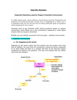 Class XII: Chemistry

Important Reactions used for Organic Chemistry Conversions

In CBSE board exam, word problems (conversions) covering “Properties and
Reactions of Functional Groups” usually carry a weightage of 5 marks. So, it
is important that you do not miss out on these particular types of questions
while preparing for your exams.
Students tend to get confused while solving questions based on organic
conversions. Given below are a few conversions, explained in small logical
chunks which are easy to remember.
Broadly you can classify conversions into two types – aliphatic and aromatic.
1. Aliphatic Conversions
a. For stepping up the series:
Stepping up the series means that the product has one carbon more than
that of reactant. For such kind of a conversion, convert the given compound
to an alkyl halide and then to a cyanide and then to the required organic
compound as asked in the question. This way, the product has one carbon
more than the reactant.

 