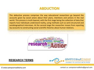ABDUCTION
The abductive process comprises the way educational researchers go beyond the
accounts given by social actors about their plans, intentions and actions in the real
world. This process is multi-layered, with the first stage being the collection of data that
reports how individuals understand reality, using methods such as semi-structured and
autobiographical interviews. At the second stage the researcher moves from reporting
lay accounts to constructing social scientific theories about human relations.

RESEARCH TERMS
© www.sampoornadiksha.com

contact us: sampooornadiksha@gmail.com

 