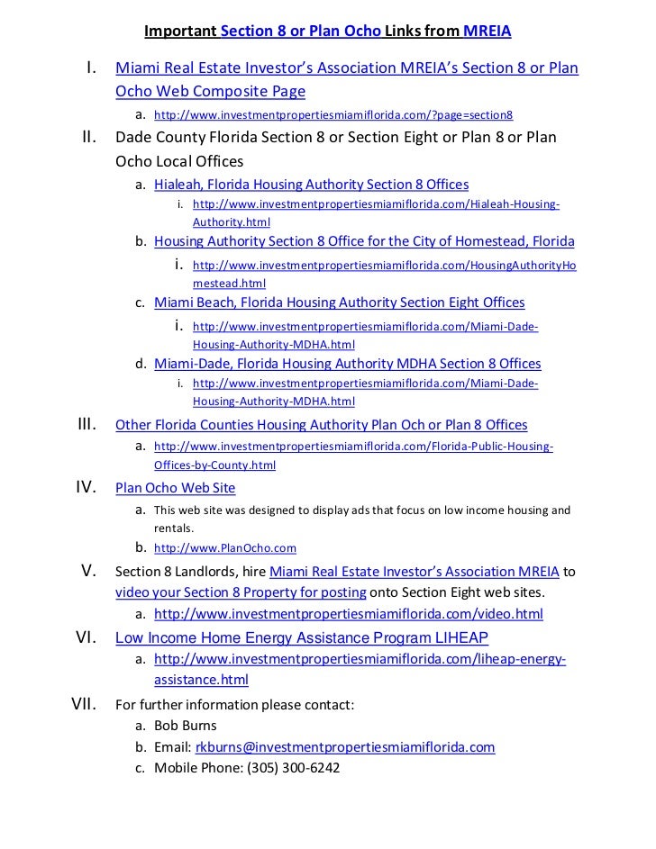 Important Section 8 Plan Ocho links for Miami Dade Florida Important Section 8 Plan Ocho links for Miami Dade Florida