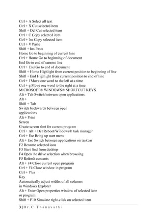 3 | D r . C . T h a n a v a t h i
Ctrl + A Select all text
Ctrl + X Cut selected item
Shift + Del Cut selected item
Ctrl + C Copy selected item
Ctrl + Ins Copy selected item
Ctrl + V Paste
Shift + Ins Paste
Home Go to beginning of current line
Ctrl + Home Go to beginning of document
End Go to end of current line
Ctrl + End Go to end of document
Shift + Home Highlight from current position to beginning of line
Shift + End Highlight from current position to end of line
Ctrl + f Move one word to the left at a time
Ctrl + g Move one word to the right at a time
MICROSOFT® WINDOWS® SHORTCUT KEYS
Alt + Tab Switch between open applications
Alt +
Shift + Tab
Switch backwards between open
applications
Alt + Print
Screen
Create screen shot for current program
Ctrl + Alt + Del Reboot/Windows® task manager
Ctrl + Esc Bring up start menu
Alt + Esc Switch between applications on taskbar
F2 Rename selected icon
F3 Start find from desktop
F4 Open the drive selection when browsing
F5 Refresh contents
Alt + F4 Close current open program
Ctrl + F4 Close window in program
Ctrl + Plus
Key
Automatically adjust widths of all columns
in Windows Explorer
Alt + Enter Open properties window of selected icon
or program
Shift + F10 Simulate right-click on selected item
 