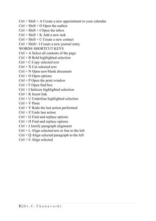 5 | D r . C . T h a n a v a t h i
Ctrl + Shift + A Create a new appointment to your calendar
Ctrl + Shift + O Open the outbox
Ctrl + Shift + I Open the inbox
Ctrl + Shift + K Add a new task
Ctrl + Shift + C Create a new contact
Ctrl + Shift+ J Create a new journal entry
WORD® SHORTCUT KEYS
Ctrl + A Select all contents of the page
Ctrl + B Bold highlighted selection
Ctrl + C Copy selected text
Ctrl + X Cut selected text
Ctrl + N Open new/blank document
Ctrl + O Open options
Ctrl + P Open the print window
Ctrl + F Open find box
Ctrl + I Italicize highlighted selection
Ctrl + K Insert link
Ctrl + U Underline highlighted selection
Ctrl + V Paste
Ctrl + Y Redo the last action performed
Ctrl + Z Undo last action
Ctrl + G Find and replace options
Ctrl + H Find and replace options
Ctrl + J Justify paragraph alignment
Ctrl + L Align selected text or line to the left
Ctrl + Q Align selected paragraph to the left
Ctrl + E Align selected
 