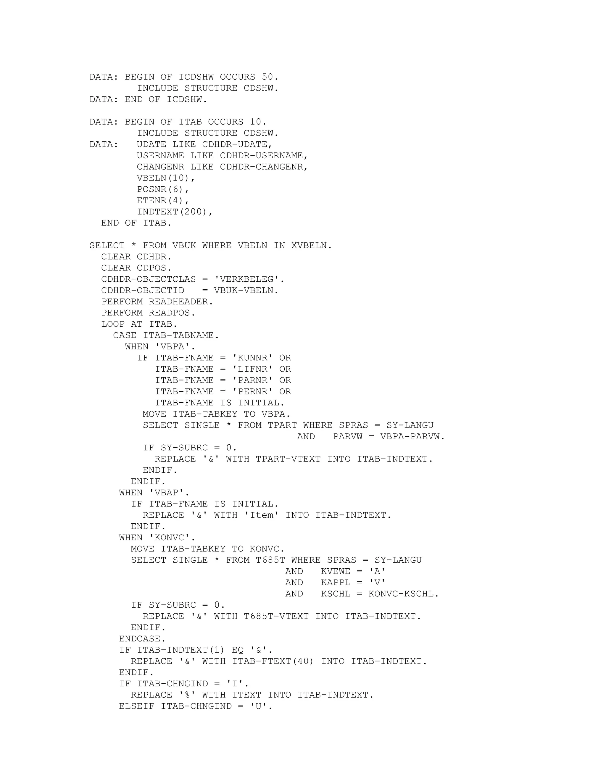DATA: BEGIN OF ICDSHW OCCURS 50.
        INCLUDE STRUCTURE CDSHW.
DATA: END OF ICDSHW.

DATA: BEGIN OF ITAB OCCURS 10.
        INCLUDE STRUCTURE CDSHW.
DATA:   UDATE LIKE CDHDR-UDATE,
        USERNAME LIKE CDHDR-USERNAME,
        CHANGENR LIKE CDHDR-CHANGENR,
        VBELN(10),
        POSNR(6),
        ETENR(4),
        INDTEXT(200),
  END OF ITAB.

SELECT * FROM VBUK WHERE VBELN IN XVBELN.
  CLEAR CDHDR.
  CLEAR CDPOS.
  CDHDR-OBJECTCLAS = 'VERKBELEG'.
  CDHDR-OBJECTID    = VBUK-VBELN.
  PERFORM READHEADER.
  PERFORM READPOS.
  LOOP AT ITAB.
    CASE ITAB-TABNAME.
      WHEN 'VBPA'.
        IF ITAB-FNAME = 'KUNNR' OR
            ITAB-FNAME = 'LIFNR' OR
            ITAB-FNAME = 'PARNR' OR
            ITAB-FNAME = 'PERNR' OR
            ITAB-FNAME IS INITIAL.
         MOVE ITAB-TABKEY TO VBPA.
         SELECT SINGLE * FROM TPART WHERE SPRAS = SY-LANGU
                                     AND   PARVW = VBPA-PARVW.
         IF SY-SUBRC = 0.
            REPLACE '&' WITH TPART-VTEXT INTO ITAB-INDTEXT.
         ENDIF.
       ENDIF.
     WHEN 'VBAP'.
       IF ITAB-FNAME IS INITIAL.
         REPLACE '&' WITH 'Item' INTO ITAB-INDTEXT.
       ENDIF.
     WHEN 'KONVC'.
       MOVE ITAB-TABKEY TO KONVC.
       SELECT SINGLE * FROM T685T WHERE SPRAS = SY-LANGU
                                   AND   KVEWE = 'A'
                                   AND   KAPPL = 'V'
                                   AND   KSCHL = KONVC-KSCHL.
       IF SY-SUBRC = 0.
         REPLACE '&' WITH T685T-VTEXT INTO ITAB-INDTEXT.
       ENDIF.
     ENDCASE.
     IF ITAB-INDTEXT(1) EQ '&'.
       REPLACE '&' WITH ITAB-FTEXT(40) INTO ITAB-INDTEXT.
     ENDIF.
     IF ITAB-CHNGIND = 'I'.
       REPLACE '%' WITH ITEXT INTO ITAB-INDTEXT.
     ELSEIF ITAB-CHNGIND = 'U'.
 