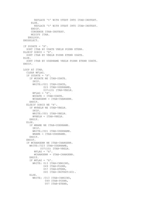 REPLACE '%' WITH UTEXT INTO ITAB-INDTEXT.
     ELSE.
       REPLACE '%' WITH DTEXT INTO ITAB-INDTEXT.
     ENDIF.
     CONDENSE ITAB-INDTEXT.
     MODIFY ITAB.
   ENDLOOP.
ENDSELECT.

IF SUDATE = 'X'.
  SORT ITAB BY UDATE VBELN POSNR ETENR.
ELSEIF SOBID = 'X'.
  SORT ITAB BY VBELN POSNR ETENR UDATE.
ELSE.
  SORT ITAB BY USERNAME VBELN POSNR ETENR UDATE.
ENDIF.

LOOP AT ITAB.
  CLEAR WFLAG.
  IF SUDATE = 'X'.
    IF WUDATE NE ITAB-UDATE.
      SKIP.
      WRITE:/001 ITAB-UDATE,
              023 ITAB-USERNAME,
              037(10) ITAB-VBELN.
      WFLAG = 'X'.
      WUDATE = ITAB-UDATE.
      WCHANGENR = ITAB-CHANGENR.
    ENDIF.
  ELSEIF SOBID NE 'X'.
    IF WVBELN NE ITAB-VBELN.
      SKIP.
      WRITE:/001 ITAB-VBELN.
      WVBELN = ITAB-VBELN.
    ENDIF.
  ELSE.
    IF WNAME NE ITAB-USERNAME.
      SKIP.
      WRITE:/001 ITAB-USERNAME.
      WNAME = ITAB-USERNAME.
    ENDIF.
  ENDIF.
  IF WCHANGENR NE ITAB-CHANGENR.
    WRITE:/023 ITAB-USERNAME,
            037(10) ITAB-VBELN.
        WFLAG = 'X'.
        WCHANGENR = ITAB-CHANGENR.
    ENDIF.
    IF WFLAG = 'X'.
      WRITE: 013 ITAB-CHNGIND,
              049 ITAB-POSNR,
              057 ITAB-ETENR,
              065 ITAB-INDTEXT(60).
    ELSE.
      WRITE: /013 ITAB-CHNGIND,
               049 ITAB-POSNR,
               057 ITAB-ETENR,
 