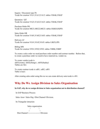 Inquiry / Document type IN
Tcode for creation VA11,VA12,VA13. tables VBAK,VBAP

Quotation / QT
Tcode for creation VA21,VA22,VA23. tables VBAK,VBAP

Purchase Order PO
Tcode for creation ME21,ME22,ME23. tables EKKO,EKPO.

Sales Order OR
Tcode for creation VA01,VA02,VA03. tables VBAK,VBAP

Delivery LF
Tcode for creation VL01,VL02,VL03. tables LIKP,LIPS

Billing MN
Tcode for creation VF01,VF02,VF03. tables VBRK,VBRP

To create a sales order we need purchase order number and custmer number. Before that,
to create a purchase order we need to have material no, vendor no.

To create vendor tcode is
xk01(create), xk02(change) , xk03(display)
Tables are lfa1.

To create custmer tcode is xd01, xd02, xd03.
Table is kna1.

After creating sales order using this no we can create delivery note tcode is vl01.


Why Do We Assign Division to Sales Organisation
In SAP, why do we assign division to Sales organisation not to distribution channel?

 In SAP Business Process

 Sales Area= Sales Org.+Dist.Channel+Division.

 Its Triangular intraction

               Sales organization
                   /            
                 /                
   Dist.Channel<----------------->Division
 