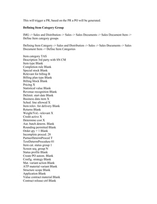 This will trigger a PR, based on the PR a PO will be generated.

Defining Item Category Group

IMG -> Sales and Distribution -> Sales -> Sales Documents -> Sales Document Item ->
Define Item category groups

Defining Item Category -> Sales and Distribution -> Sales -> Sales Documents -> Sales
Document Item -> Define Item Categories

Item category TAS
Description 3rd party with SN CM
Item type Blank
Completion rule Blank
Special stock Blank
Relevant for billing B
Billing plan type Blank
Billing block Blank
Pricing X
Statistical value Blank
Revenue recognition Blank
Delimit. start date Blank
Business data item X
Sched. line allowed X
Item relev. for delivery Blank
Returns Blank
Weight/Vol.- relevant X
Credit active X
Determine cost X
Aut. batch determ. Blank
Rounding permitted Blank
Order qty = 1 Blank
Incomplete proced. 28
PartnerDetermProced T
TextDetermProcedure 01
Item cat. status group 1
Screen seq. group N
Status profile Blank
Create PO autom. Blank
Config. strategy Blank
Mat. variant action Blank
ATP material variant Blank
Structure scope Blank
Application Blank
Value contract material Blank
Contract release ctrl Blank
 