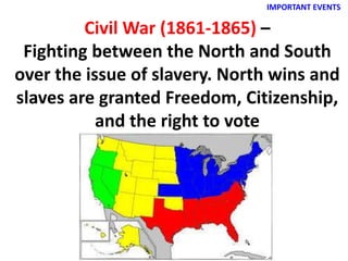 IMPORTANT EVENTS
Civil War (1861-1865) –
Fighting between the North and South
over the issue of slavery. North wins and
slaves are granted Freedom, Citizenship,
and the right to vote
 