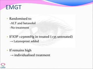 EMGT
• Randomised to
-ALT and betaxolol
-No treatment
• If IOP >25mmHg in treated (>35 untreated)
→ Latanoprost added
• If remains high
→ individualised treatment
 