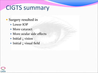 CIGTS summary
 Surgery resulted in
 Lower IOP
 More cataract
 More ocular side effects
 Initial ↓ vision
 Initial ↓ visual field
 