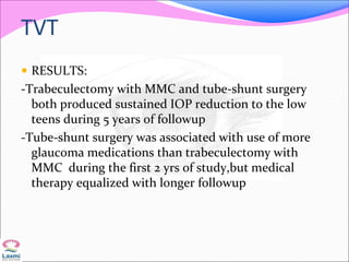 TVT
 RESULTS:
-Trabeculectomy with MMC and tube-shunt surgery
both produced sustained IOP reduction to the low
teens during 5 years of followup
-Tube-shunt surgery was associated with use of more
glaucoma medications than trabeculectomy with
MMC during the first 2 yrs of study,but medical
therapy equalized with longer followup
 