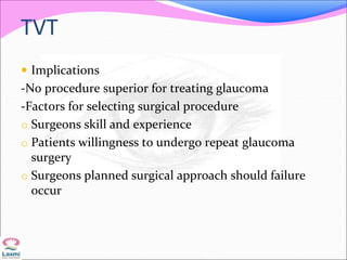 TVT
 Implications
-No procedure superior for treating glaucoma
-Factors for selecting surgical procedure
o Surgeons skill and experience
o Patients willingness to undergo repeat glaucoma
surgery
o Surgeons planned surgical approach should failure
occur
 