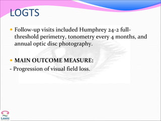 LOGTS
 Follow-up visits included Humphrey 24-2 full-
threshold perimetry, tonometry every 4 months, and
annual optic disc photography.
 MAIN OUTCOME MEASURE:
- Progression of visual field loss.
 