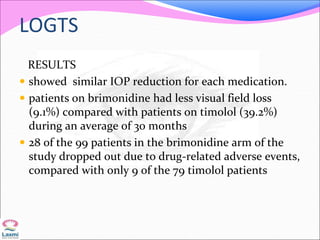 LOGTS
RESULTS
 showed similar IOP reduction for each medication.
 patients on brimonidine had less visual field loss
(9.1%) compared with patients on timolol (39.2%)
during an average of 30 months
 28 of the 99 patients in the brimonidine arm of the
study dropped out due to drug-related adverse events,
compared with only 9 of the 79 timolol patients
 