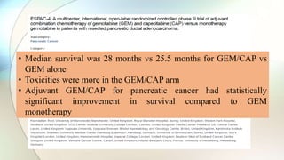 • Median survival was 28 months vs 25.5 months for GEM/CAP vs
GEM alone
• Toxicities were more in the GEM/CAP arm
• Adjuvant GEM/CAP for pancreatic cancer had statistically
significant improvement in survival compared to GEM
monotherapy
 