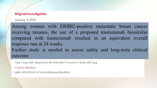 Among women with ERBB2-positive metastatic breast cancer
receiving taxanes, the use of a proposed trastuzumab biosimilar
compared with trastuzumab resulted in an equivalent overall
response rate at 24 weeks.
Further study is needed to assess safety and long-term clinical
outcome
 
