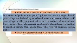 • PFS: 10.4 vs 4 years in RT + Chemo vs RT Alone
• Rate of PFS at 5 yrs: 61% vs 44%
• At 10 yrs: 51% vs 21%
• IDH1 R132H – longer PFS
• Overall survival: 13.3 vs 7.8 years
• At 5 years: 72 vs 63%
• At 10 years: 60 vs 40%
• Toxicities greater with RT + Chemotherapy arm
In a cohort of patients with grade 2 glioma who were younger than 40
years of age and had undergone subtotal tumor resection or who were 40
years of age or older, progression-free survival and overall survival were
longer among those who received combination chemotherapy in addition
to radiation therapy than among those who received radiation therapy
alone.
 