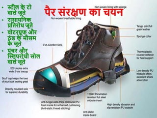 Presentation by Jayesh Patel
पैर सांरक्षण का चयन
• िील क
े टो
िाले जूते
• रासायक्रनक
प्रक्रतरोध जूते
• िोटरप्रूि और
ठां ड क
े मौसम
क
े जूते
• पांचर और
क्तिपरोधी सोल
िाले जूते
 